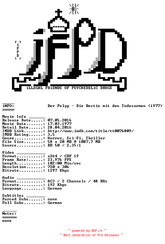 NFO for the release Der.Polyp.Die.Bestie.mit.den.Todesarmen.German.1977.AC3.BDRiP.x264-iFPD by iFPD