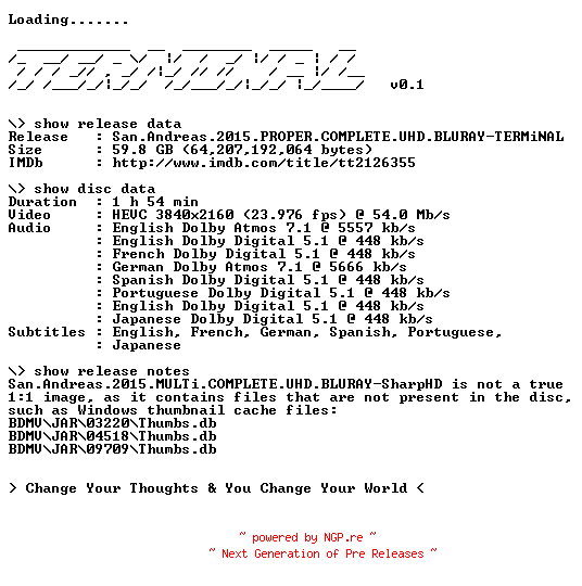 NFO for the release San.Andreas.2015.PROPER.COMPLETE.UHD.BLURAY-TERMiNAL by TERMiNAL