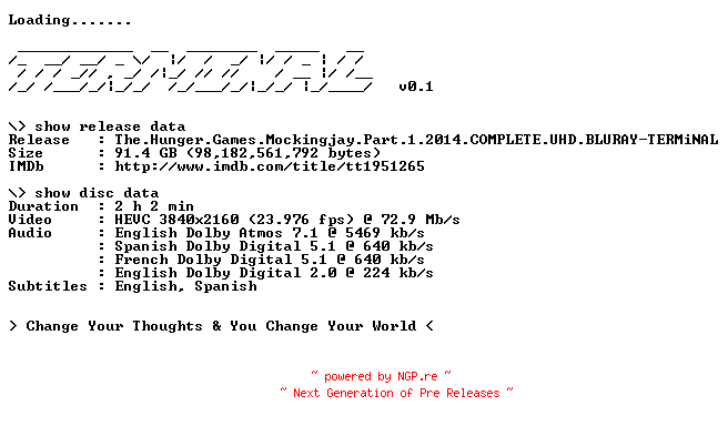 NFO for the release The.Hunger.Games.Mockingjay.Part.1.2014.COMPLETE.UHD.BLURAY-TERMiNAL by TERMiNAL