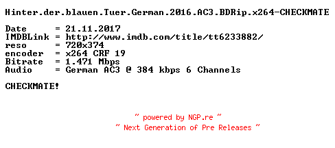 NFO for the release Hinter.der.blauen.Tuer.German.2016.AC3.BDRip.x264-CHECKMATE by CHECKMATE
