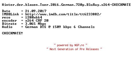 NFO for the release Hinter.der.blauen.Tuer.2016.German.720p.BluRay.x264-CHECKMATE by CHECKMATE