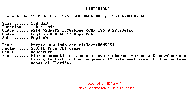 NFO for the release Beneath.the.12-Mile.Reef.1953.iNTERNAL.BDRip.x264-LiBRARiANS by LiBRARiANS