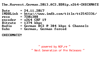 NFO for the release The.Harvest.German.2013.AC3.BDRip.x264-CHECKMATE by CHECKMATE