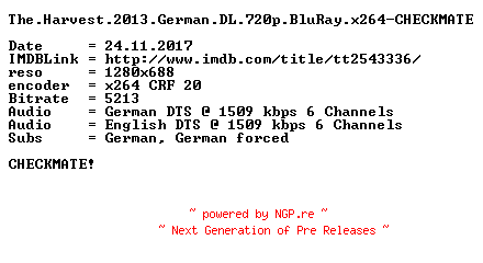 NFO for the release The.Harvest.2013.German.DL.720p.BluRay.x264-CHECKMATE by CHECKMATE