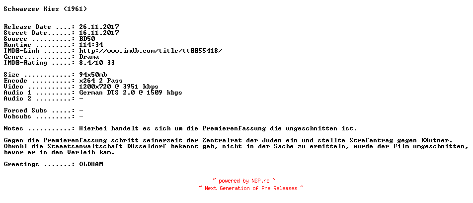 NFO for the release Schwarzer.Kies.1961.UNCUT.German.720p.BluRay.x264-SPiCY by SPiCY