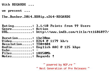 NFO for the release The.Bunker.2014.BDRip.x264-REGARDS by REGARDS