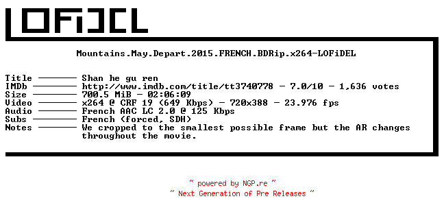 NFO for the release Mountains.May.Depart.2015.FRENCH.BDRip.x264-LOFiDEL by LOFiDEL