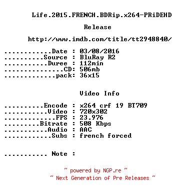 NFO for the release Life.2015.FRENCH.BDRip.x264-PRiDEHD by PRiDEHD