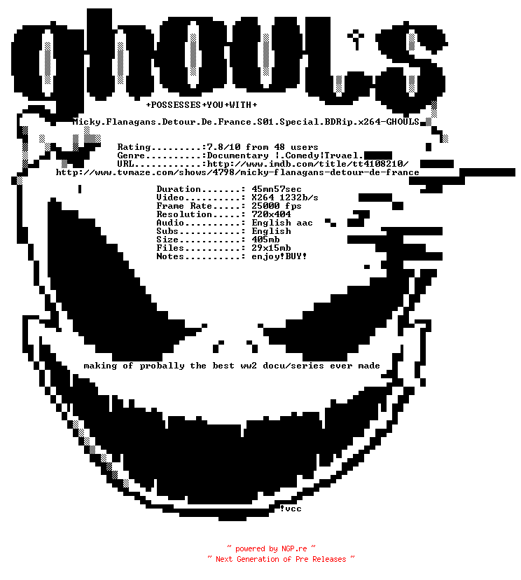 NFO for the release Micky.Flanagans.Detour.De.France.S01.Special.BDRip.x264-GHOULS by GHOULS