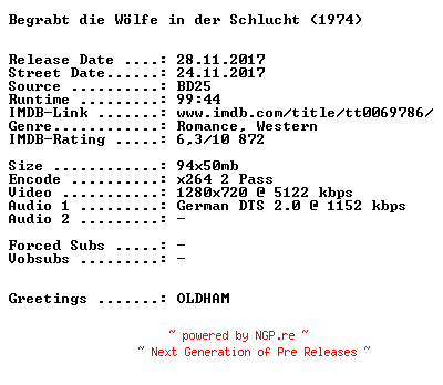NFO for the release Begrabt.die.Woelfe.in.der.Schlucht.1974.German.720p.BluRay.x264-SPiCY by SPiCY