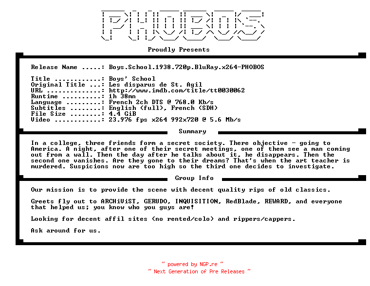 NFO for the release Boys.School.1938.720p.BluRay.x264-PHOBOS by PHOBOS