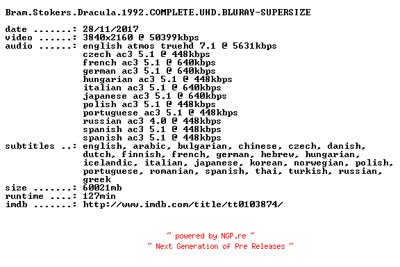 NFO for the release Bram.Stokers.Dracula.1992.COMPLETE.UHD.BLURAY-SUPERSIZE by SUPERSIZE