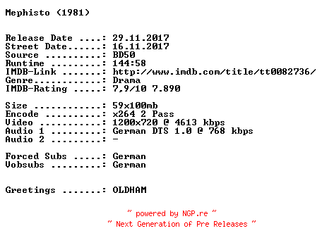 NFO for the release Mephisto.1981.German.720p.BluRay.x264-SPiCY by SPiCY