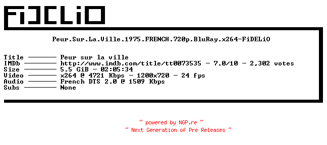 NFO for the release Peur.Sur.La.Ville.1975.FRENCH.720p.BluRay.x264-FiDELiO by FiDELiO