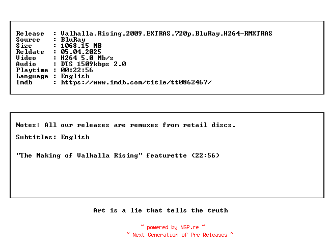 NFO for the release Valhalla.Rising.2009.EXTRAS.720p.BluRay.H264-RMXTRAS by RMXTRAS