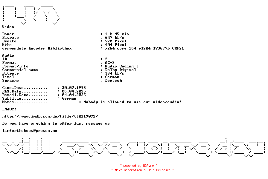 NFO for the release Face.Abgerechnet.wird.zum.Schluss.German.1997.AC3.BDRip.x264-LIM by LIM