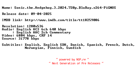 NFO for the release Sonic.the.Hedgehog.3.2024.720p.BluRay.x264-PiGNUS by PiGNUS