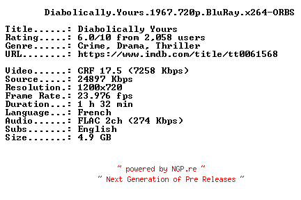 NFO for the release Diabolically.Yours.1967.720p.BluRay.x264-ORBS by ORBS