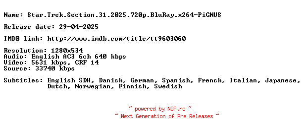 NFO for the release Star.Trek.Section.31.2025.720p.BluRay.x264-PiGNUS by PiGNUS