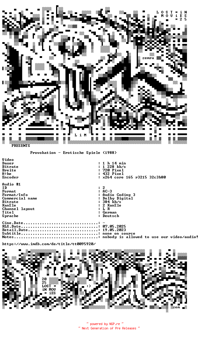 NFO for the release Provokation.Erotische.Spiele.German.1988.AC3.BDRiP.x264-LIM by LIM