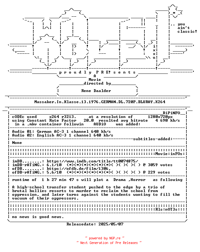 NFO for the release Massaker.In.Klasse.13.1976.GERMAN.DL.720P.BLURAY.X264-WATCHABLE by WATCHABLE