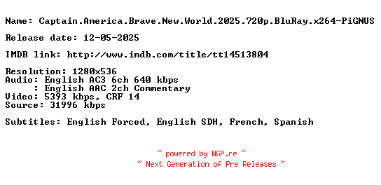 NFO for the release Captain.America.Brave.New.World.2025.720p.BluRay.x264-PiGNUS by PiGNUS
