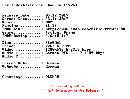 NFO for the release Der.Todesblitz.der.Shaolin.1976.German.720p.BluRay.x264-SPiCY by SPiCY