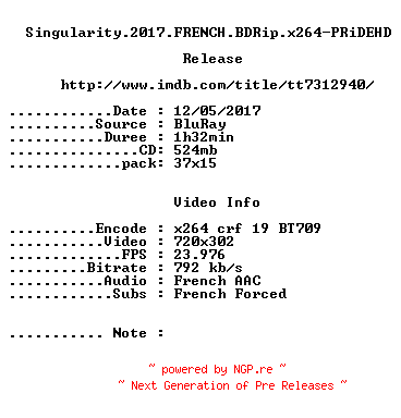 NFO for the release Singularity.2017.FRENCH.BDRip.x264-PRiDEHD by PRiDEHD