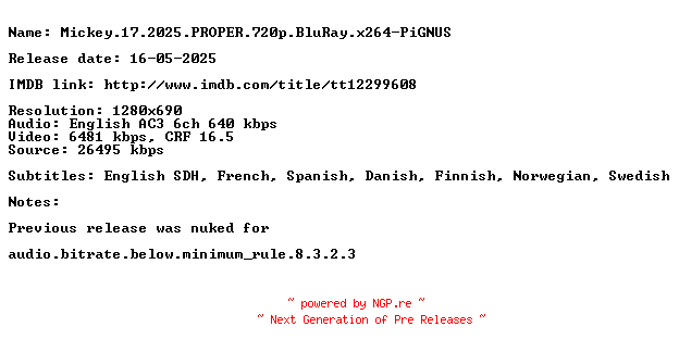 NFO for the release Mickey.17.2025.PROPER.720p.BluRay.x264-PiGNUS by PiGNUS