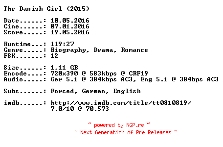 NFO for the release The.Danish.Girl.German.2015.DL.BDRiP.x264-CiNEViSiON by CiNEViSiON
