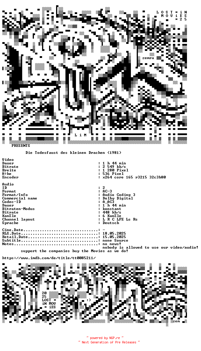 NFO for the release Die.Todesfaust.des.kleinen.Drachen.1981.German.720p.BluRay.x264-LIM by LIM