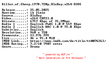 NFO for the release Killer.of.Sheep.1978.720p.BluRay.x264-D3US by D3US