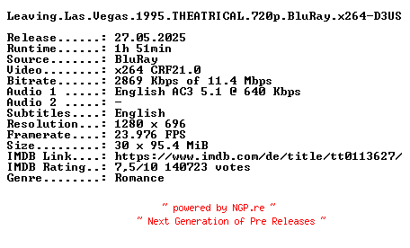 NFO for the release Leaving.Las.Vegas.1995.THEATRICAL.720p.BluRay.x264-D3US by D3US