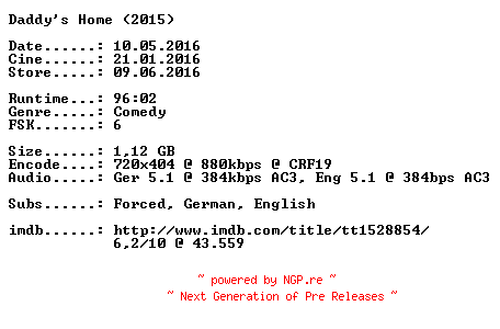 NFO for the release Daddys.Home.Ein.Vater.zuviel.German.2015.DL.BDRiP.x264-CiNEViSiON by CiNEViSiON