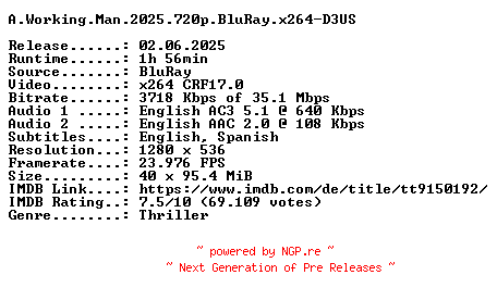 NFO for the release A.Working.Man.2025.720p.BluRay.x264-D3US by D3US