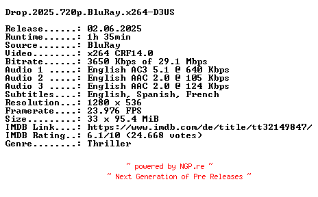 NFO for the release Drop.2025.720p.BluRay.x264-D3US by D3US