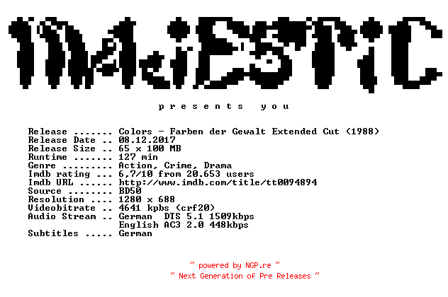 NFO for the release Colors.Farben.der.Gewalt.1988.Extended.Cut.German.DL.720p.BluRay.x264-MAJESTiC by MAJESTiC