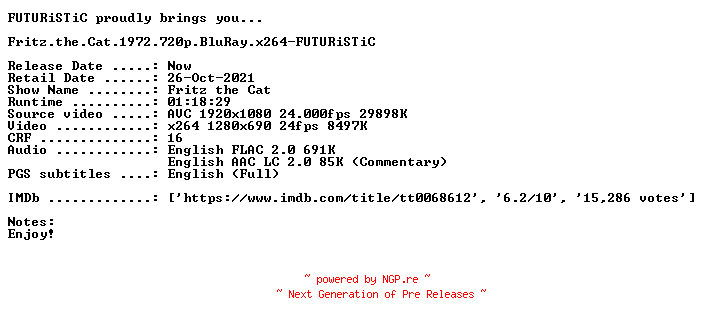NFO for the release Fritz.the.Cat.1972.720p.BluRay.x264-FUTURiSTiC by FUTURiSTiC