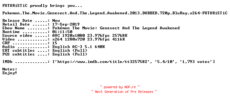 NFO for the release Pokemon.The.Movie.Genesect.And.The.Legend.Awakened.2013.DUBBED.720p.BluRay.x264-FUTURiSTiC by FUTURiSTiC