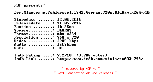 NFO for the release Der.Glaeserne.Schluessel.1942.German.720p.BluRay.x264-RWP by RWP