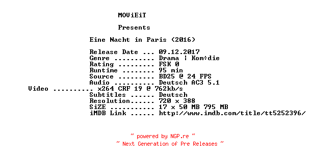 NFO for the release Eine.Nacht.in.Paris.2016.German.BDRiP.x264-MOViEiT by MOViEiT