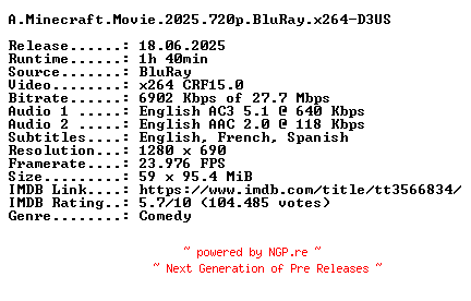 NFO for the release A.Minecraft.Movie.2025.720p.BluRay.x264-D3US by D3US