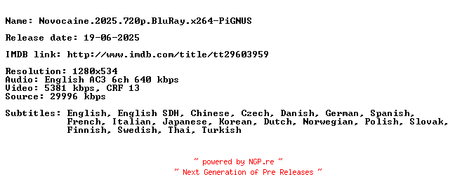 NFO for the release Novocaine.2025.720p.BluRay.x264-PiGNUS by PiGNUS