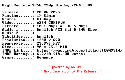 NFO for the release High.Society.1956.720p.BluRay.x264-D3US by D3US