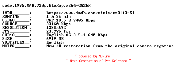 NFO for the release Jade.1995.OAR.720p.BluRay.x264-GAZER by GAZER