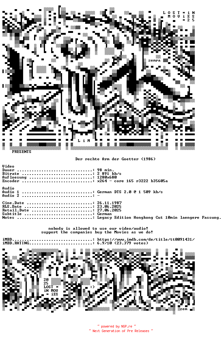 NFO for the release Armour.Of.God.1986.HONGKONG.CUT.German.720p.BluRay.x264-LIM by LIM