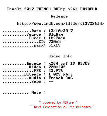 NFO for the release Revolt.2017.FRENCH.BDRip.x264-PRiDEHD by PRiDEHD