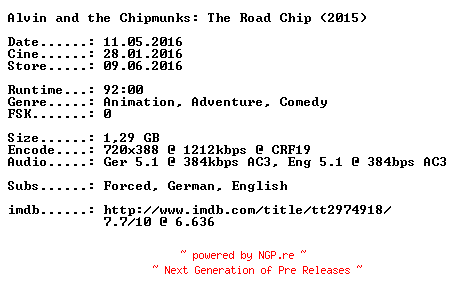 NFO for the release Alvin.und.die.Chipmunks.4.Road.Chip.German.2015.DL.BDRiP.x264-CiNEViSiON by CiNEViSiON