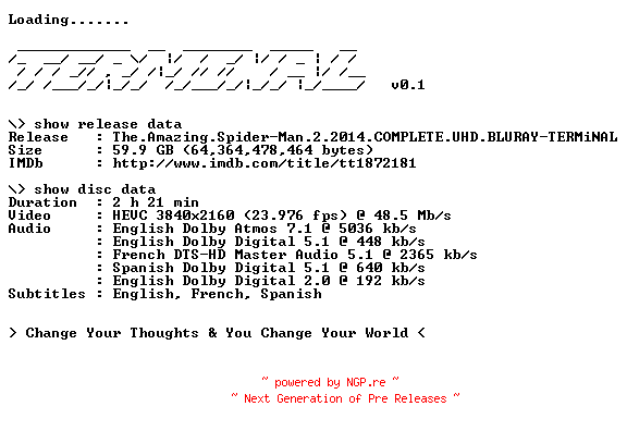NFO for the release The.Amazing.Spider-Man.2.2014.COMPLETE.UHD.BLURAY-TERMiNAL by TERMiNAL