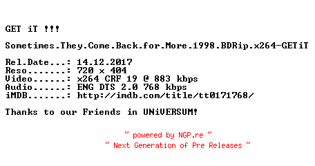 NFO for the release Sometimes.They.Come.Back.for.More.1998.720p.BluRay.x264-GETiT by GETiT